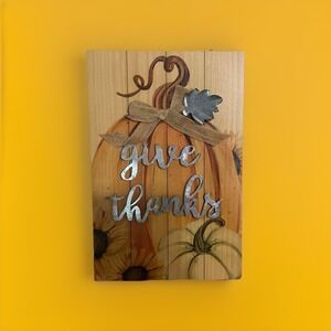 Fall Decor Pumpkin Sign W/Metal "Give‎ Thanks" & Leaf- Burlap Bow, 15"x 10"